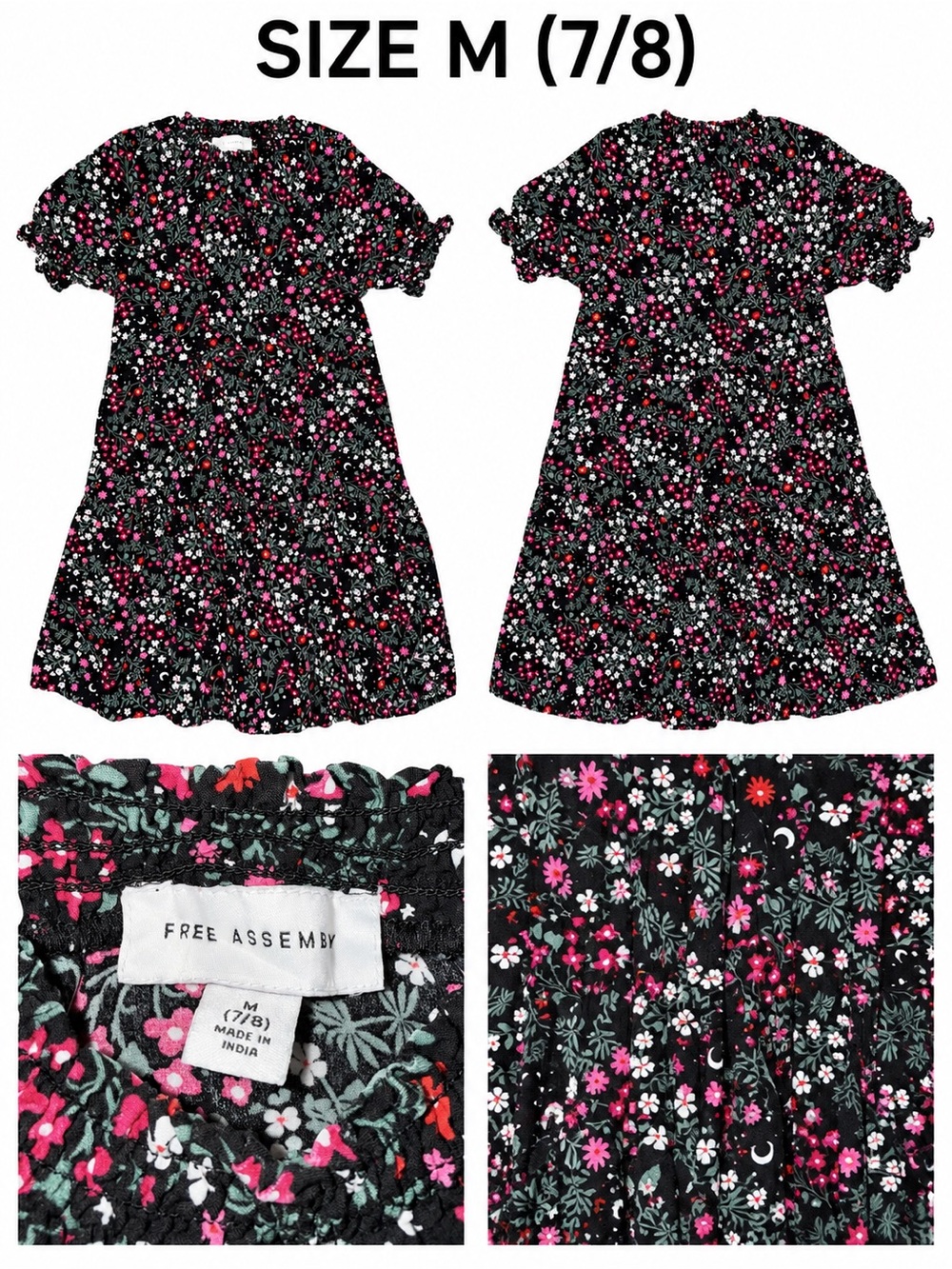 Girls' Black Floral Dress - Pink & White Flowers